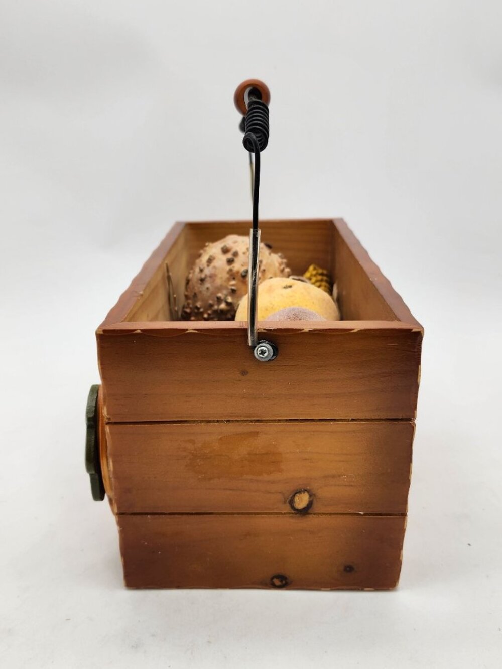 Rustic Wooden Pumpkin Basket With Sugared Gourds & Wire Handle - Picture 2 of 7